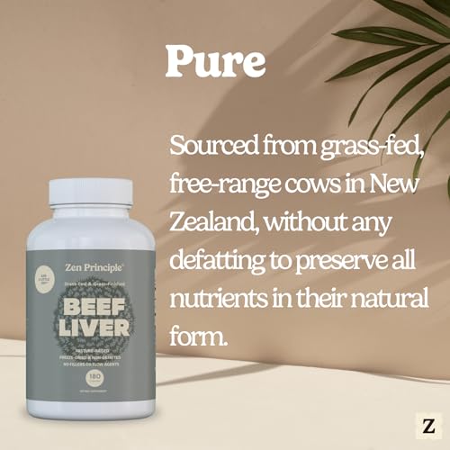 Zen Principle Ultra-Pure Desiccated Beef Liver, Grass-Fed & Grass-Finished on The Natural Pastures of New Zealand. No Hormones or GMO. 180 Capsules.