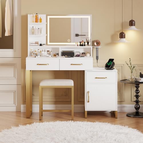 REVOMINCA Lighted Mirror Vanity with Storage & Stool