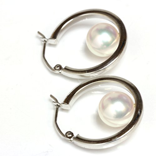 14K White Gold Cultured Saltwater Akoya Pearl Dangle Hoop Earrings - Aaa And Aaa Flawless (8.5-9.0Mm Flawless) #TOP1