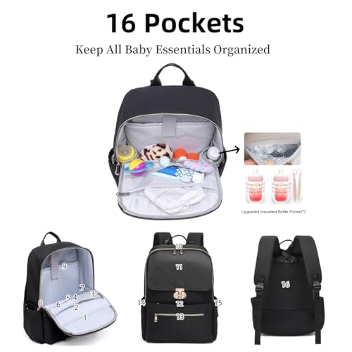 Baby Diaper Bag Backpack Laptop Backpack for Women, Travel Backpack Purse Stylish Compact Baby Bag with Insulated Pockets(Black)4