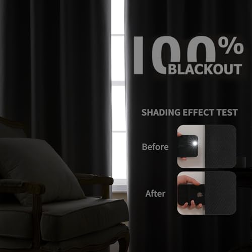 Image of Joydeco 100% Blackout Curtains 96 Inches Long 2 Panels Set, Thermal Insulated Long Curtains& Drapes 2 Burg, Room Darkening Drapes for Bedroom Living Room Window (Black, W52 x L96 Inch)