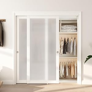 Sliding Closet Door 72″(Double 37″) x 80″, Full-Lite Frosted Glass Closet Door with Hardware Kit & Matching Fascia, Sturdy Solid Wood & MDF with Water-Proof PVC Surface, Pre-Drilled