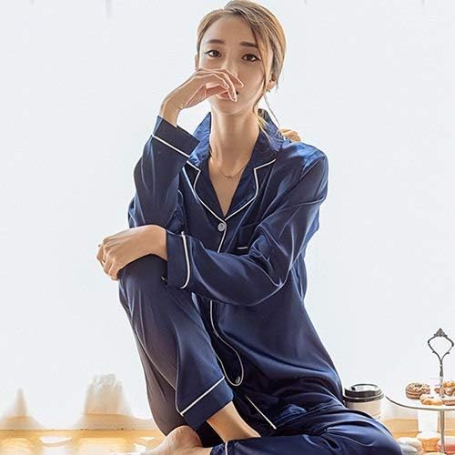 Vazan - Autumn Women Ladies Sexy Satin Silk Pajamas Sets Long Sleeve Tops+Pants Sleepwear Mujer Nightwear Pyjama Femme [ L Blue ]