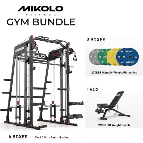Image of Mikolo M4 2.0 Smith Machine, 2200lbs Squat Rack with LAT-Pull Down System & Cable Crossover Machine, Training Equipment with Leg Hold-Down Attachment