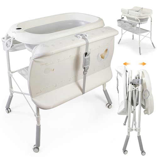 2-in-1 Baby Bathtub & Changing Table,Foldable Diaper Station with 4 Lockable Wheels, Adjustable...