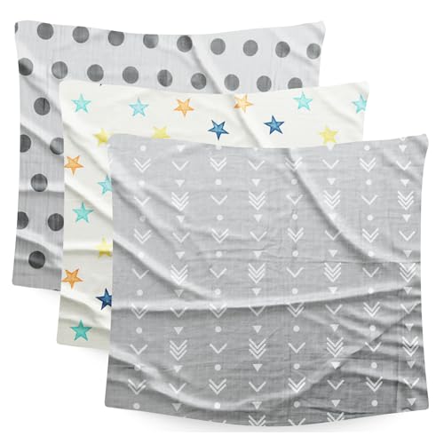 Image of BEMBIKA Bamboo Muslin Swaddle Wrap Baby 120X110 Cm Stroller Blanket Receiving Blanket for Newborn, Multicolor (Pack of 3)