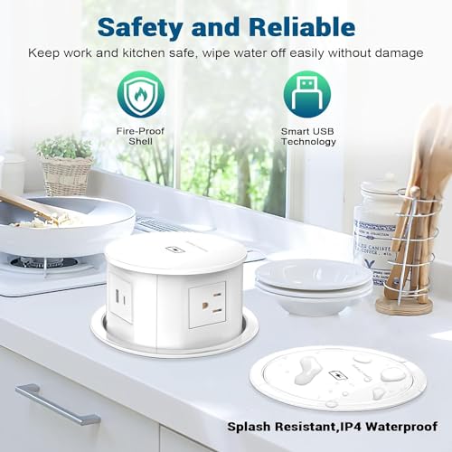 Image of Audiovan Vertical Pop Up socket Pneumatic Electrical Countertop, 3* Power+ USB type A+C charge+ 18 watt Fast Wireless phone charge Kitchen Counter Conference Desk (AVT-VMP24) White (WHITE)