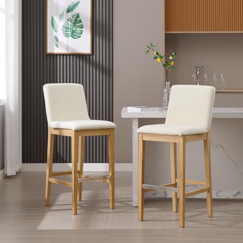 Counter Height Bar Stools Set of 2 Linen Fabric Upholstered Kitchen Island Stools with Back 26 Inch Mid Century Rectangle Wood Barstool for Dining Room/Home Bar/Patio, Beige