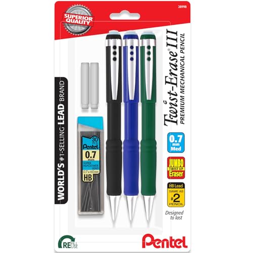 Pentel Twist Erase III Mechanical Pencil 0.7mm - Pre-Loaded Super Hi-Polymer HB Lead - Assorted Color Barrels - Pack of 3 + Lead & Eraser Refills