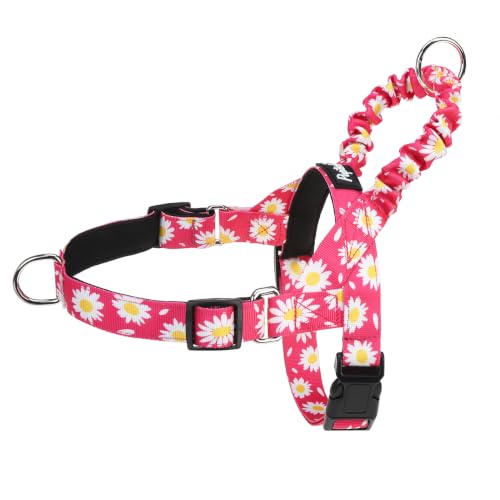 Image of PUPTECK No Pull Dog Harness Small Sized Dog, Adjustable Reflective Pet Vest Harness with Bungee Handle, Escape Proof No Choke Harness for Small Dogs Walking Training, Fuschia Daisy S