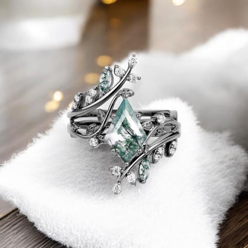 Gothic Vintage Kite Moss Agate Engagement Ring Leaf Black Gold Women Enhencer Green Gemstone Ring Bridal Promise Ring Valentine day Gift For Her2