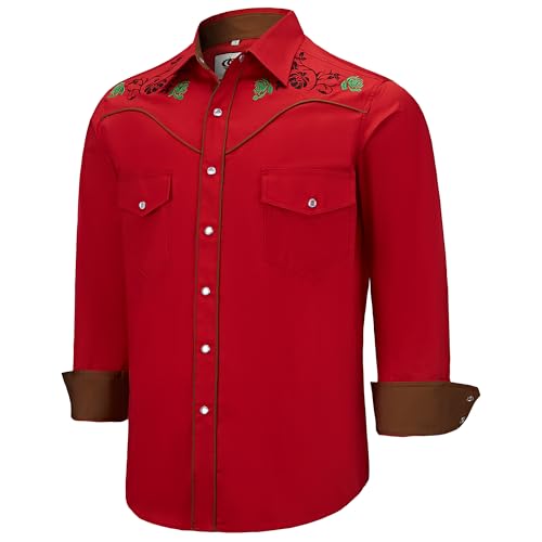 PEARL SNAP Men's Embroidered Western Cowboy Peael Snap Long Sleeve Dress Two Pockets Shirts
