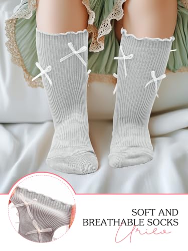 Urieo Toddler Socks Ruffle Crew Socks Baby Girls Cotton Bow Socks Daily Outdoor Party for 6-12 Months4