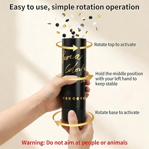 10 Stück Konfettikanone, 5 Farben Party Popper, Konfetti Kanone Biologisch Abbaubar, Konfettiregen Hochzeit, 11cm mit drehbarem schwarzem Drehteller nach links für Hochzeit, Geburtstag, Weihnachten