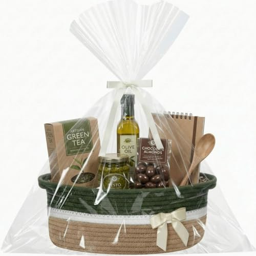 Image of Colingmill 1 Set Woven Basket for Gift Empty with Cellophane Wrap Set 14 x 10 x 5.5 Inch, Medium Decorative Gift Basket Empty to Fill, Cotton Rope Storage Box Decor (Green Khaki)
