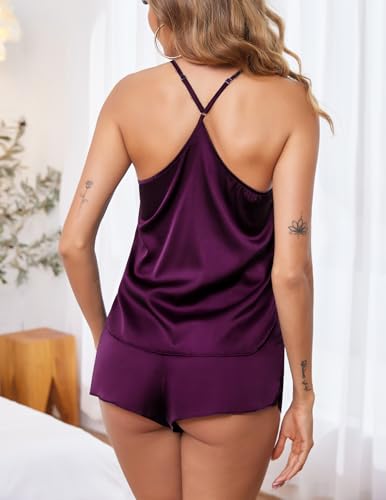 Image of Ekouaer Silky Women Pajamas Set Satin Cami Top & Shorts Lingerie Pjs | 2 Piece Silk Nightwear Soft Camisole Sleepwear for Home, Daily Wear, Wedding, Party, Date Nights