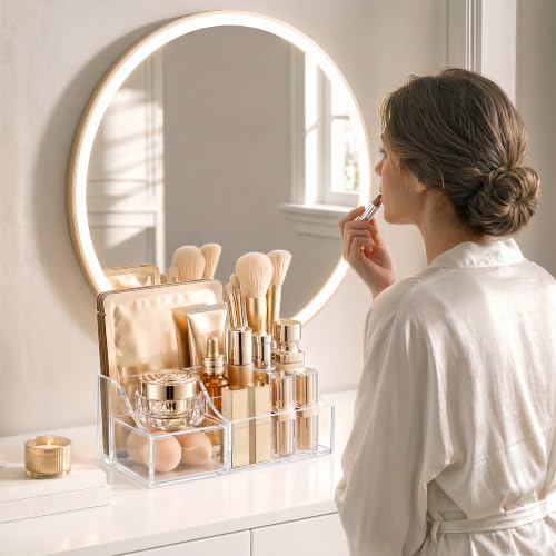 HBlife Makeup Organizer with Drawer – Cosmetic Storage for Vanity, Bathroom Countertop & Dresser, Skincare Organizer with Brush Holder, Beauty Display Case, Clear - Image 6
