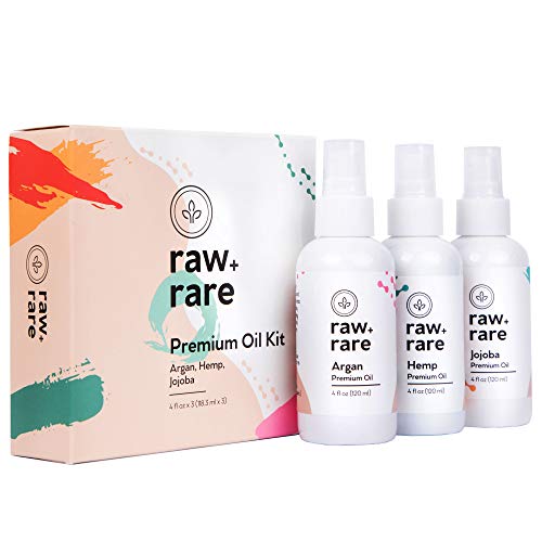 Premium Oil Kit Argan, Hemp Seed and Jojoba Oils Multi-Purpose for Hair, Skin and Massages 4 oz Each Bottle 100% Pure and Responsibly Sourced by Raw Plus Rare