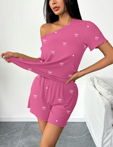 Image of Ekouaer 2 Packs Women Pajama Set Short Sleeve Sleepwear Soft Top and Shorts | Casual Pjs Outfits Ribbed Knit Lounge Set with Pockets