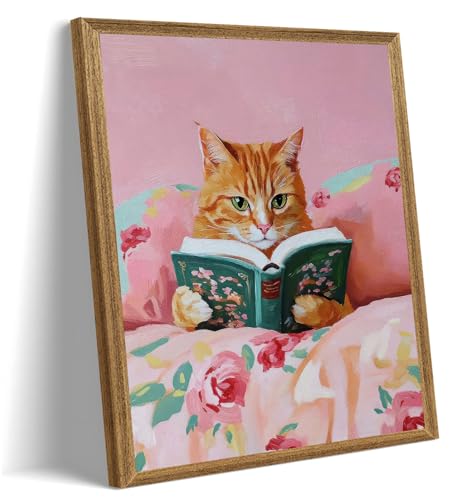 Framed Vintage Cat Canvas Wall Art, Funny Pink Animal Reading Books Painting Picture Print, Cute Kitten Lovers Aesthetic Wall Decor for Nursery Girls Room Bedroom Kids Room 10''L x 8''W