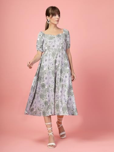 Image of OOMPH! Below Knee Shift Pink Dress in Crepe Fabric with Round Neck and Puff Sleeves - md619l