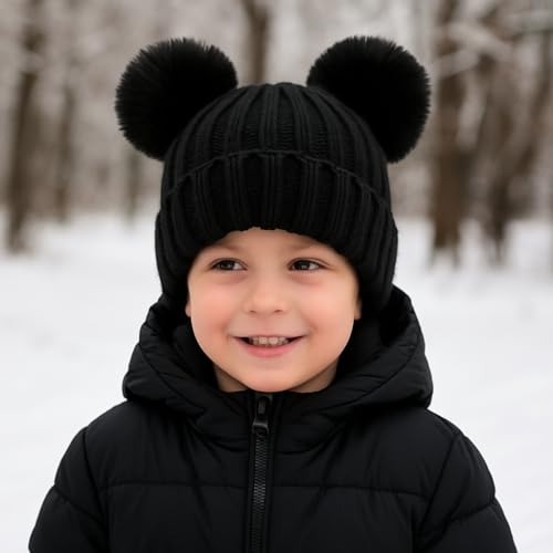 Toddler Winter Knit Hat Upgrade Fleece Lined Pompom Ears Beanies Cap for Boys Girls 3-12 Years2