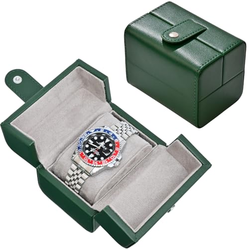 Single Watch Travel Case - Dual-Flap PU Leather Box with Velvet Lining | Protective Storage for Men & Women (Green)