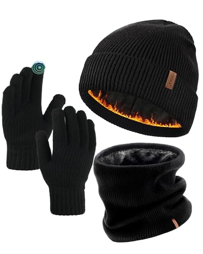FURTALK Winter Knit Beanie Hat Sacrf Touch Screen Gloves Set Soft Fleece Lining Warm Beanie Unisex Winter Set Black