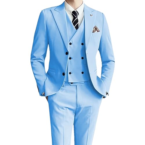 Men's 3 Piece Slim Fit Suit Set Two Button Tuxedo Blazer Solid Jacket Vest Pants Elegant Wedding Business Suit (M-cm,Light Blue)