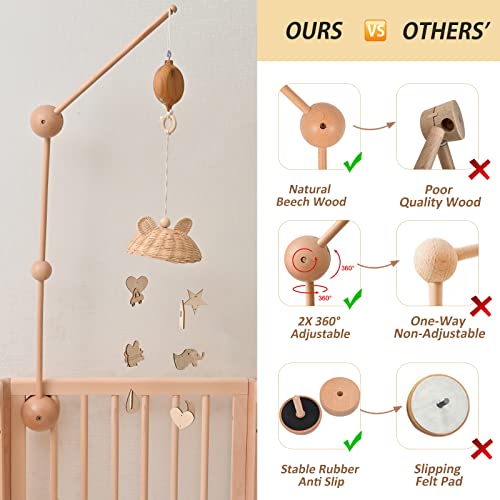 Crib Mobile Arm - Baby Mobile Holder For Nursery, 30 Inch Mobile Hanger, 2 X 360° Adjustable Angle, Strong 3D Rubber Anti Slip Attachment,100% Natural Beech Wooden #TOP2