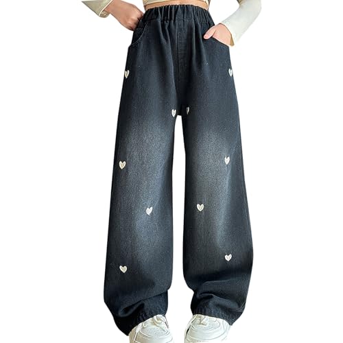 BILIKEYU Girls Jeans Cute Hearts Graphic Elastic High Waist Straight Baggy Wide Leg Casual Denim Pants with