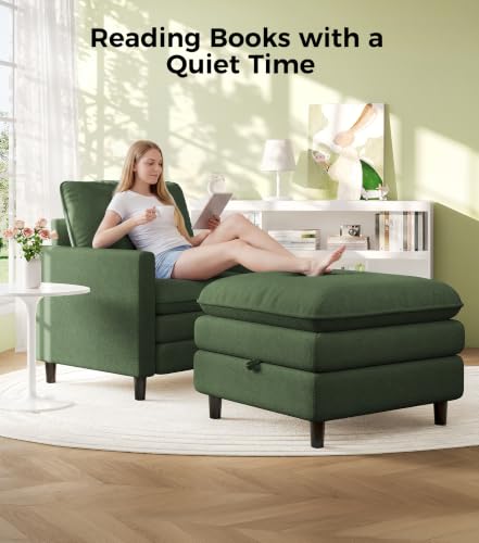 Image of Welzona 3-Layers Cloud Accent Chair with Ottoman, 33 inch Teddy Reading Chair | Comfy Teddy Fabric, Washable Covers, Tool-Free Setup, All-wood Arm Chair and Ottoman Sets for Living Room, Bedroom, Green