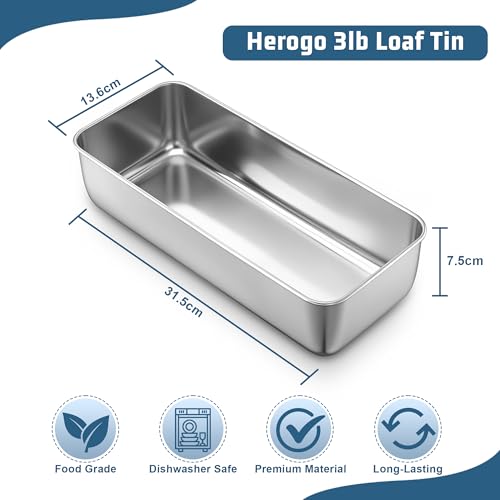 Herogo Loaf Tin Set of 2, Stainless Steel 3lb Cake Tin Baking Loaf Pan, Large Metal Baking Bread Mould for Banana Bread/Lasagna/Toast/Pie, 31.5 * 13.6 * 7.5cm, Non-Toxic, Dishwasher Safe - Image 3