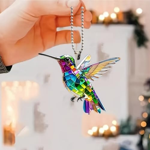 Ornamento para pendurar beija-flor de acrílico vibrante – padrão de mosaico colorido, ideal para espelhos de carro, chaveiros, mochilas – Presente perfeito para decoração de casa e pássaros
