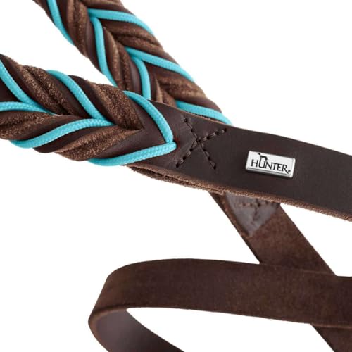 HUNTER Verstellbare Führleine SOLID Education Cord, Farbe: Dunkelbraun/türkis, Handgeflochten, 3-Fach verstellbar, Robustes Rindsleder mit Kontrastseil und Lederanhänger, Größe: 20/200