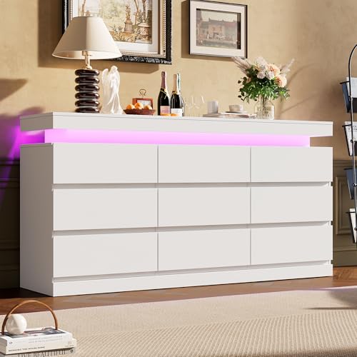 Garvee 9 Drawer Dresser for Bedroom - 63” Wide Chest of Drawers with LED Light and Charging Station, Large TV Stand Multi-Function Home Organizer for Living Room, Entryway, Hallway, White