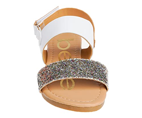 Image of bebe Girl's Sparkly and Strappy Glitter Leatherette Flat Sandals with Adjustable Strap (Toddler /Little Kid)