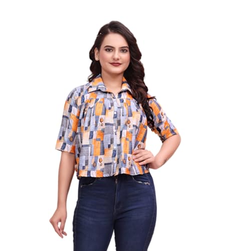 Chemise orange pour femme Pujia Mills à motif abstrait et manches mi-longues
