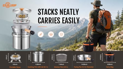 Camping Cookware Set with Stove, Stainless Steel Outdoor Cooking Kit with Pot, Strainer Pot, Frying Pan, Adapter and Storage Bag, Portable Camping Pots and Pans Set for Camping, Hiking, Backpacking — view 2