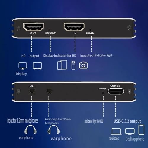 YUEHISY Karta Przechwytująca Wideo, Karta Przechwytująca 4K HDMI na USB C 1080P 60FPS, USB 3.0 Plug and Play do Strumieniowego Nagrywania Gier