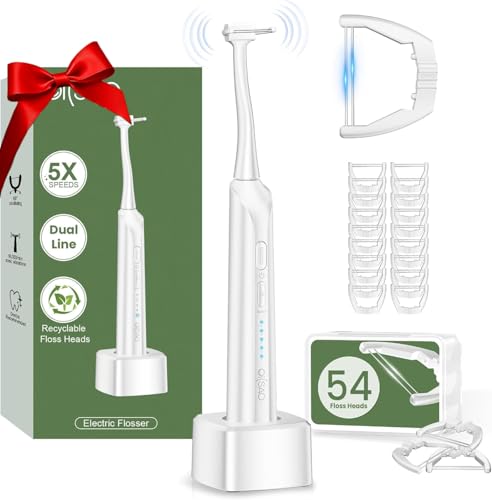 OILSAO Electric Flosser for Teeth, Water Flosser Alternative with 5 Speeds + 54 Refill Heads, 5X Cleaning & 60 Day Battery Life, Oscillation Gliding for Sensitive Gum Care, Dentist Recommended -White
