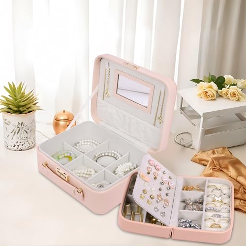 Image of BUCKETLIST PU Leather Jewellery Organizer Box with Mirror & Necklace Hooks | Large Multi-Compartment Jewelry Storage Case with Removable Tray & Mini Travel Box (Luxury Jewelry Box with Mirror (Pink))