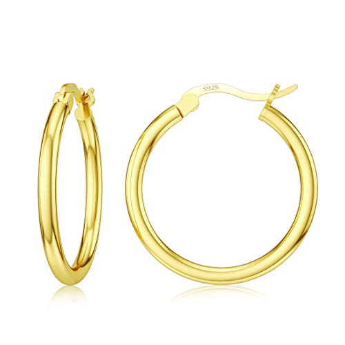 Jiayiqi - Pendientes de aro para mujer, de plata de ley, pulido alto, redondo, pequeño de 20 mm de diámetro, color dorado