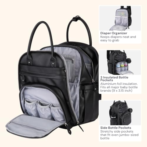 image for BabbleRoo Leather Diaper Bag Backpack - Baby Essentials Travel Baby Ba