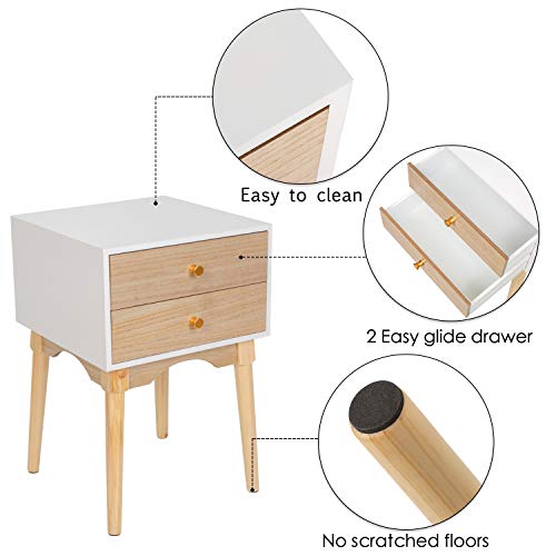 ORISTUS Natural Color Nightstands Side Tables Sofa End Table with 2 Storage Drawers Wood Legs Small Bedside Table for Bedroom Furniture Snack Night Table
