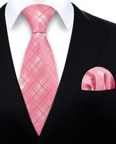 Image of HISDERN Ties for Men Plaid Checkered Tie with Pocket Square Woven Business Formal Necktie Handkerchief Set Wedding Party