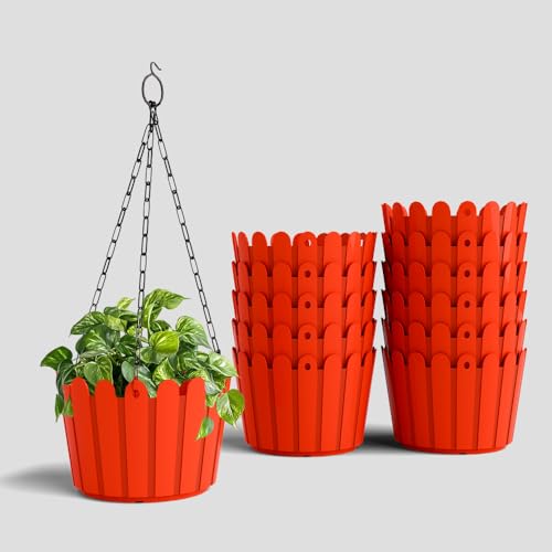 Image of YUCCABE ITALIA SHERA Hanging Fence 8 INCH Planter Pot Plastic Flower Hanging Pots for Home Decoration Sutiable for Indoor and Outdoor (Red, Pack of 12)