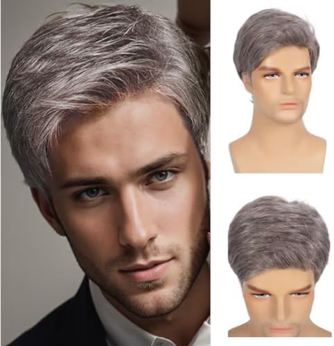 Swiking Men Wigs Short Grey Straight Natural Synthetic Cosplay Hair Wigs for Male Guy Daily Full Wig (Blonde Mix Grey)