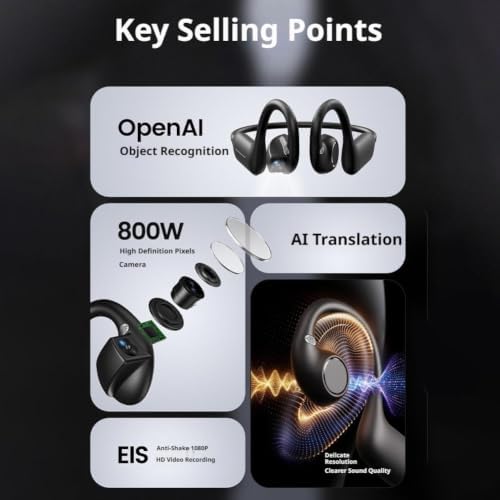 Bone Conductions Wireless Headphones with Camera AI Functions (Black) — view 7