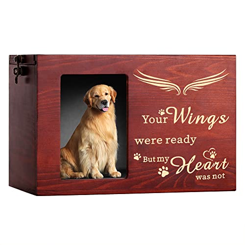 Pet Memorial Urns for Dog or Cat Ashes, XLarge Wooden Funeral Cremation Urns with Photo Frame, Memorial Keepsake Memory Box with Black Flannel as Lining, Loss Pet Memorial Remembrance Gift
